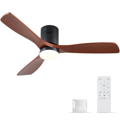 52" 3 - Blade Flush Mount Wood Brown Ceiling Fan with Remote Control and Light Kit