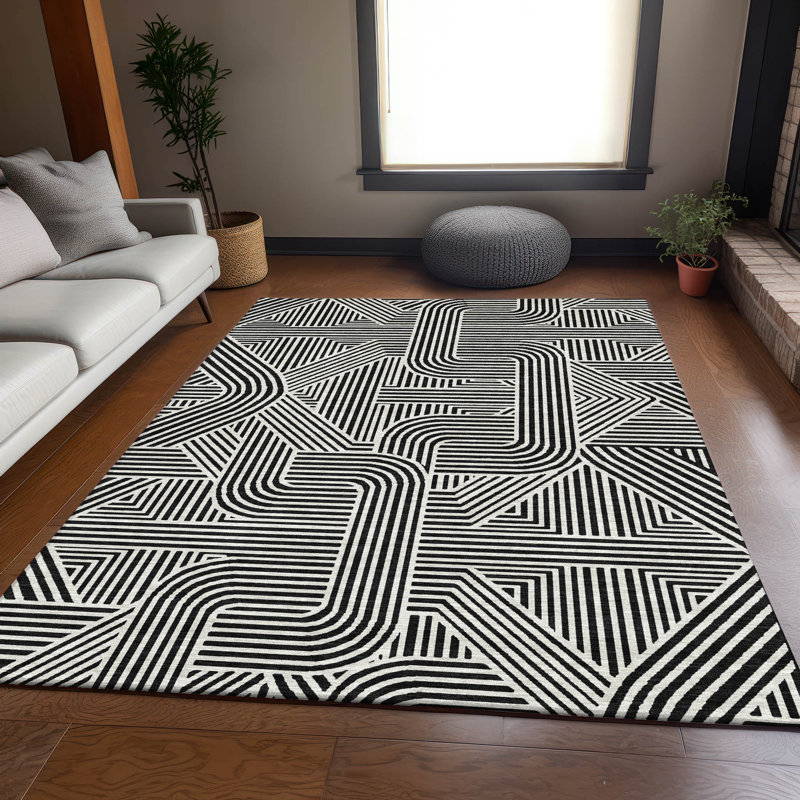 Premium Machine Washable Prisco Black Rug, Rectangle 2'6" x 3'10"