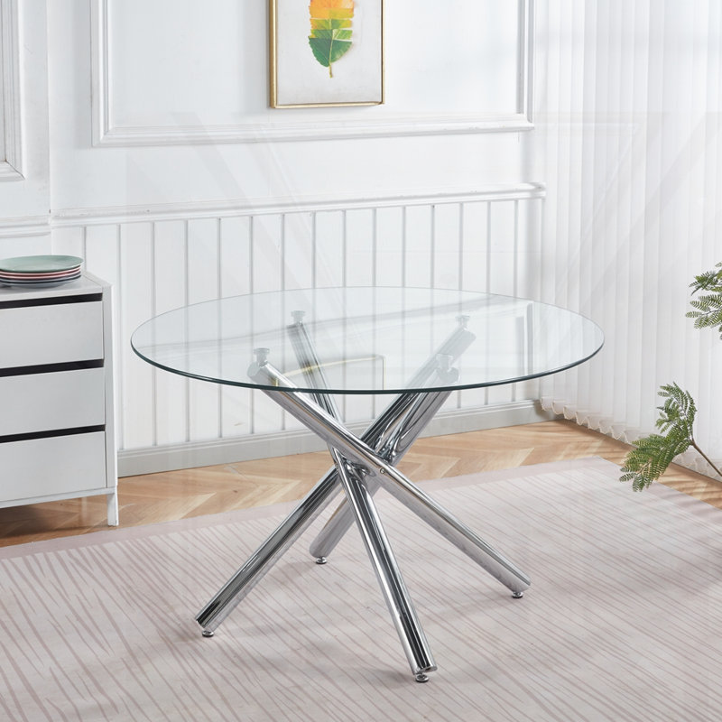 Table de salle à manger chromée avec pieds en métal et verre, H 29,13 po x L 43,3 po x l 43,3 po, Chrome chrome