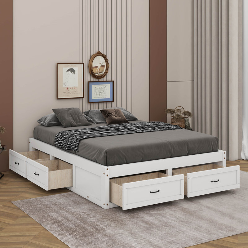 Lit plateforme avec 6 tiroirs, Grand lit, Blanc antique