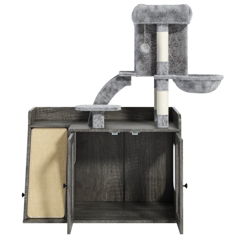 Enceinte de litière cachée avec arbre à chat et lumière DEL, planche à gratter en sisal et espace de rangement, Gris