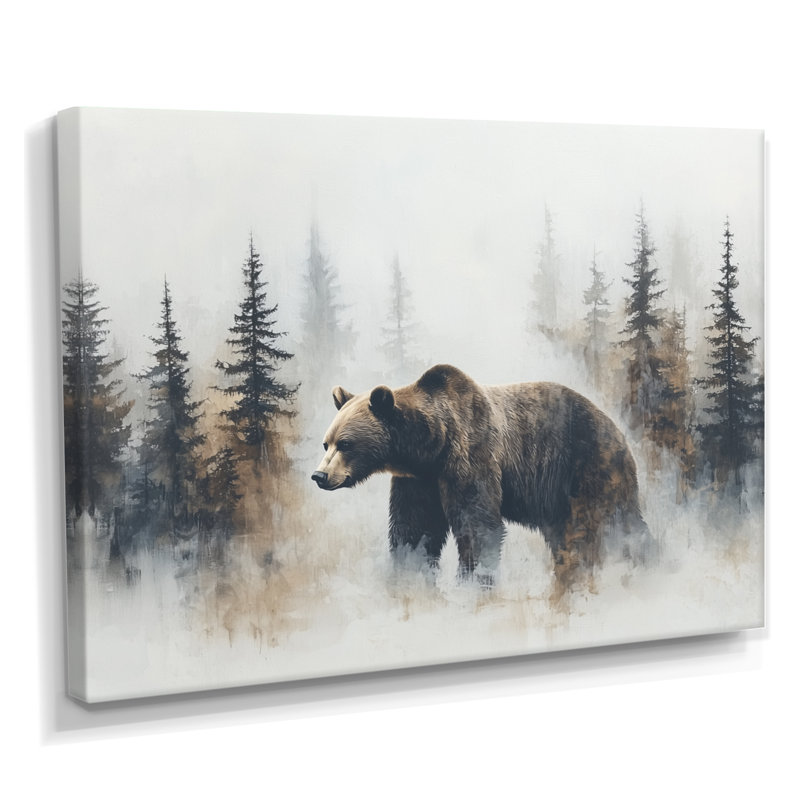 Ours dans le brouillard, forêt, paysage I, H 12 po x l 20 po, Toile tendue sur cadre, Ne s’applique pas