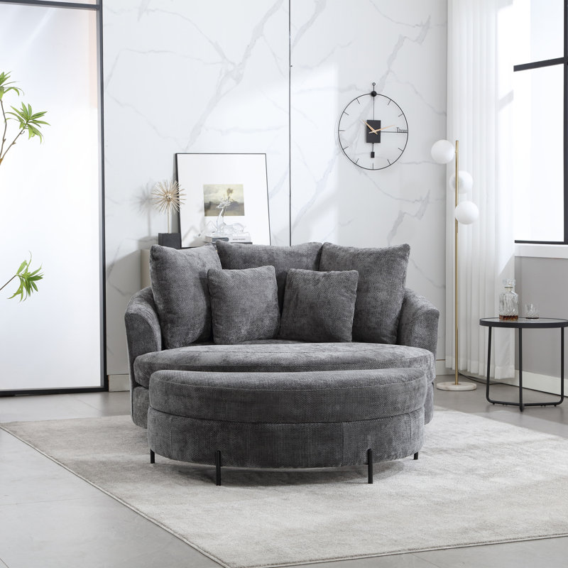 Slipcovered Barrel Chair With Ottoman, Charcoal Chenille