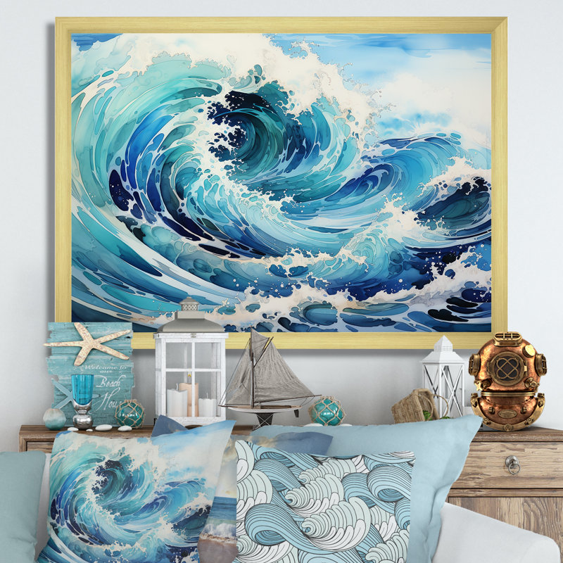 Blue Wave Ocean Storm - art mural océan, Cadre doré simple, H 12 po x l 20 po x P 1 po