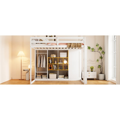Lit mezzanine en bois blanc et jaune avec garde-robe ouverte, tablettes, armoire, design pour les personnes âgées, solution efficace pour les espaces, couleur élégante, fermeture assurant les adolescents dans les petits espaces
