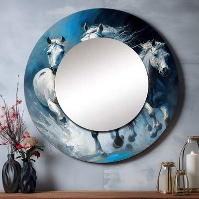 Shonnie, trois chevaux qui courent - miroir mural cheval, miroir décoratif rond bleu, impression d'art en métal