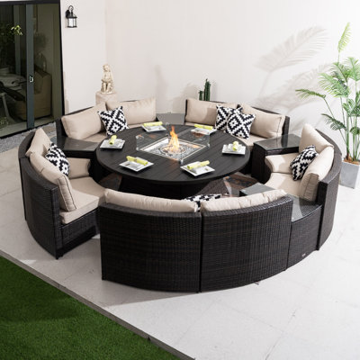 10 - Person Wicker Outdoor Seating Group With Fire Pit Table