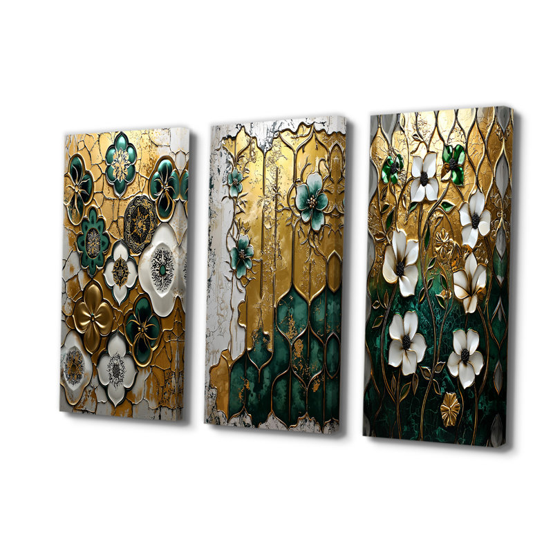 Carreaux floraux verts et marocains I - Collection d'art mural marocain 3 panneaux, H 28 po x l 36 po, Toile tendue