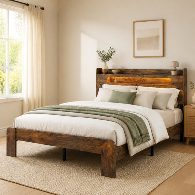 Full Size Metal and Wood Platform Bed Frame with LED Lights and Charging Station, Dark Brown
