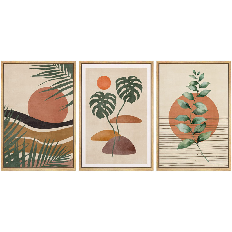" Boho Mid-Century Tropical Plant Collage Abstract Shapes Modern Art Decor Minimal Relax/Zen " 3 - Pieces, Naturel