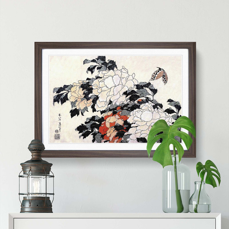 Peonies & Butterfly by Katsushika Hokusai - Picture Frame Painting Print, Walnut Framed, 27cm H x 36cm W x 2cm D