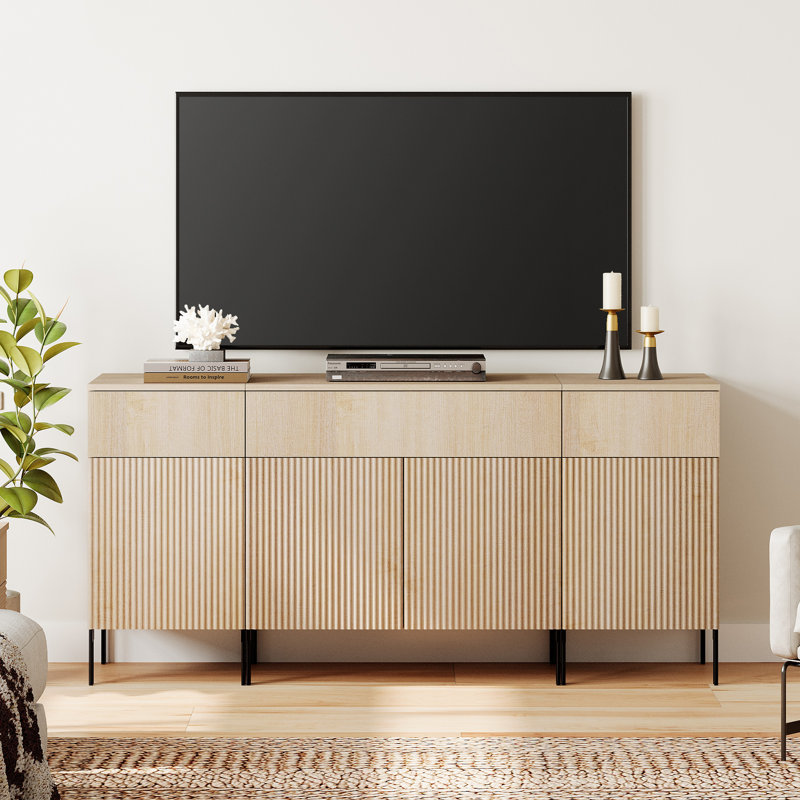 63" Modern Reeded TV Stand With Doors, Entertainment Center With Shelf, Wooden TV Console With Drawers For Living Room, Beige