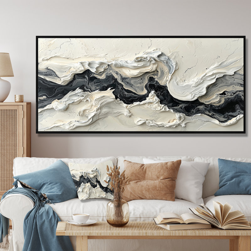 Marbre moderne, transfert de l'encre monochrome V - art mural abstrait en marbre, H 28 po x l 60 po, Cadre flottant, Noir