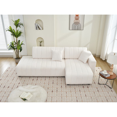 Scandinavian - Inspired 3 Seat L Shaped Corner With Decorative Pillows, Beige Wool, Reversible Design, Soft Cushions Wool Upholstery, Foam Filler, Modular Design