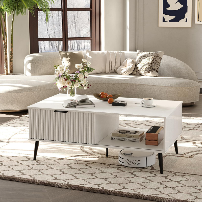 Table basse avec rangement, table basse rectangulaire en bois avec porte coulissante et pieds en bois massif, Blanc