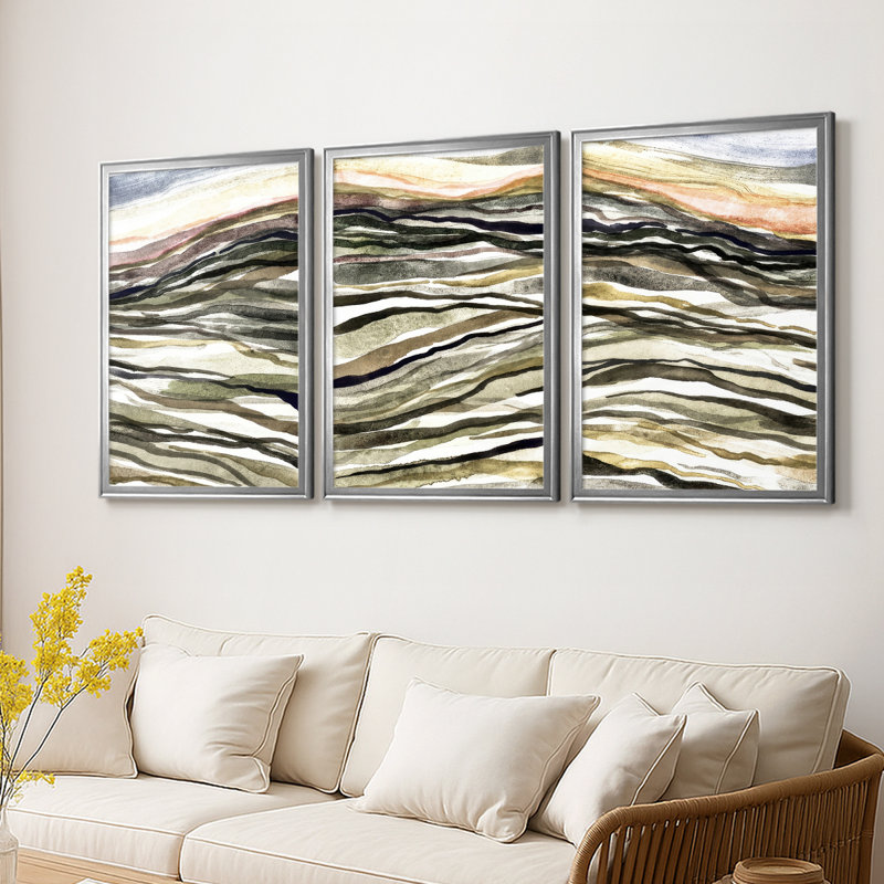 Waterscapes I - Toile tendue avec châssis sur mesure - 3 pièces, H 15 po x l 19 po, Argent argent