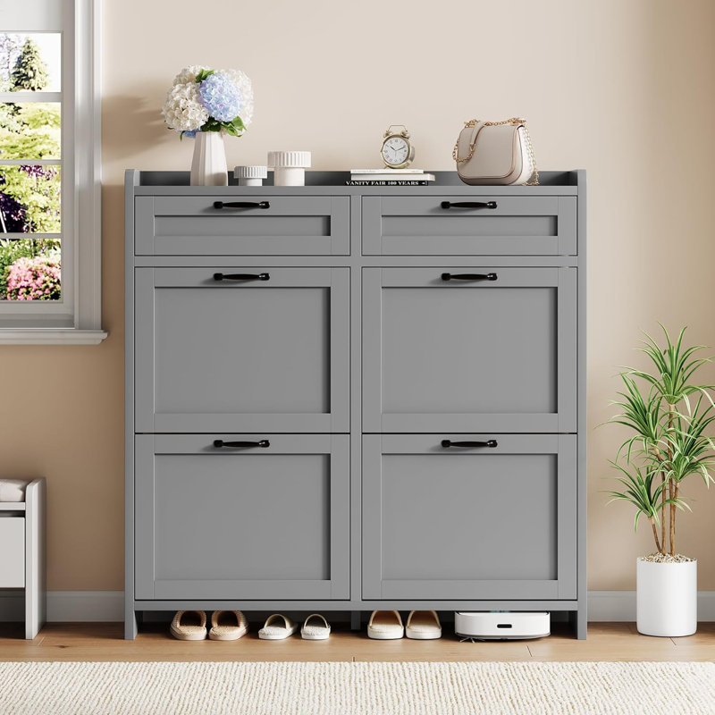 4-Tier Large Shoe Storage Cabinet with 2 Flip Drawers & Top Drawers, Freestanding Shoe Organizer for Entryway, Hallway, Gray