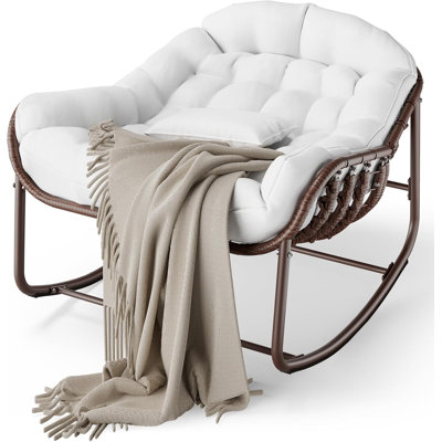 Outdoor Papasan Rocking Chair, Oversized Wicker Lounge Chair With Cushion And Metal Frame, Patio Rattan Egg Rocker For Balcony Backyard Porch Bedroom,