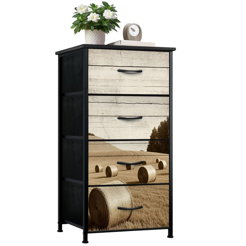 Commode rustique pour chambre à coucher avec 4 tiroirs de rangement Golden Hay Sunlit Field Rolling Hills Trees Commode en bois de ton sépia