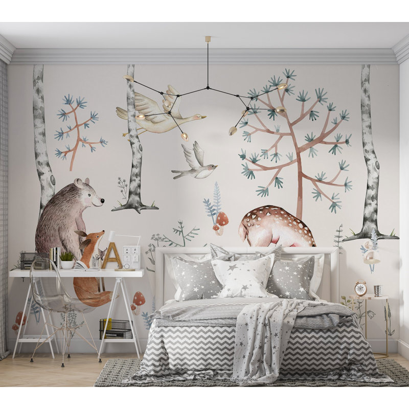 Papier peint pour enfants, aquarelle, forêt avec des animaux, L 118 po x L 82 po