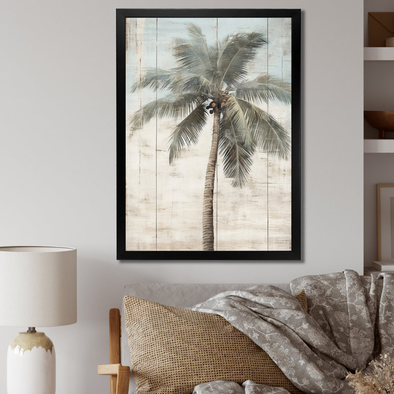 Palmier tropical dans des couleurs rétro délavées - prairie, art mural, H 40 po x l 30 po x P 1,5 po, Cadre simple noir