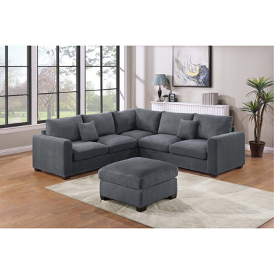 Ensemble de canapé modulaire en forme de L de style moderne avec repose-pieds 4 pièces et accoudoirs carrés en velours côtelé revêtu de gris foncé