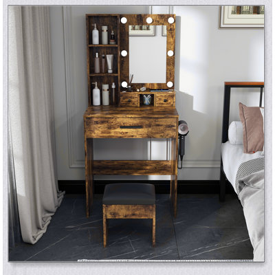 Coiffeuse vintage avec miroir, lumières DEL réglables, prise de courant, support pour séchoir à cheveux et tabouret - coiffeuse compacte pour petites chambres