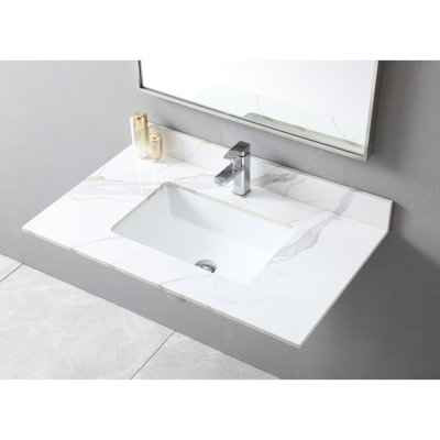 Dessus de meuble-lavabo de 37 po de finition or avec finition en pierre frittée, lavabo rectangulaire en céramique et trou de robinet - matériau de conception tendance, option sophistiquée à orifice