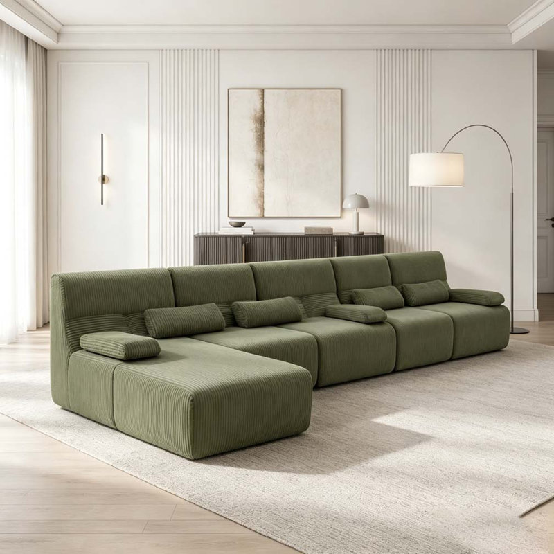 Canapé modulaire moderne en velours côtelé Canapé sans os, Green+L-shaped+5 Seat