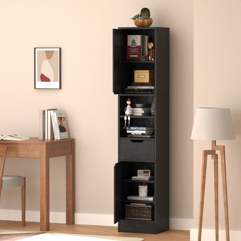 8 Tier Wooden Bookshelves and Bookcases with 2 Doors and 1 Drawer,Floor Standing Display Storage Shelves for Home, Black