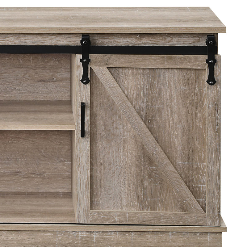 Meuble télé en bois composite avec 2 portes de grange coulissantes et trou pour câble de 50 à 59 po en chêne