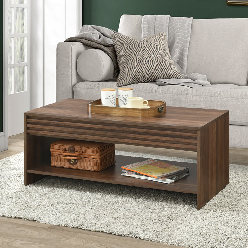 Abba 39.4" W Mid Century Modern Rectangular Coffee Table with Slatted Detailing, Walnut