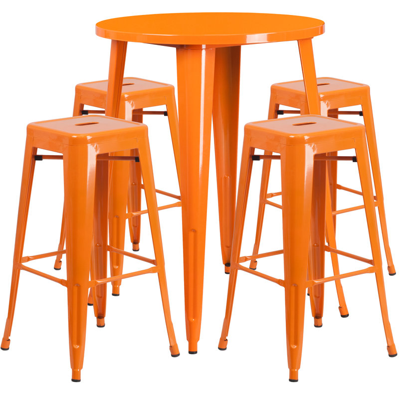 Colbert 30'' Round Metal Indoor-Outdoor Bar Table Set with 4 Square Seat Backless Stools, Orange, 41" H x 30" W x 30" L