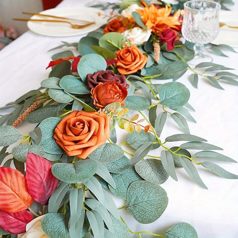Guirlande de feuilles de saule eucalyptus avec fleurs, Orange