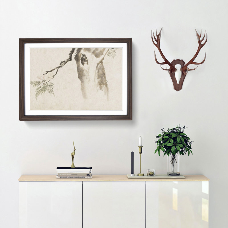 Moth upon a Tree by Kawanabe Kyosai - Picture Frame Painting Print, 27cm H x 36cm W x 2cm D, Walnut Framed