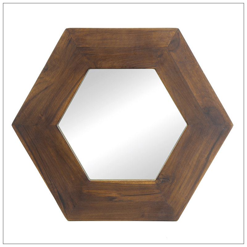 Miroir hexagonal avec cadre en bois massif, décoration murale pour le couloir de la salle de bain du salon, Brun