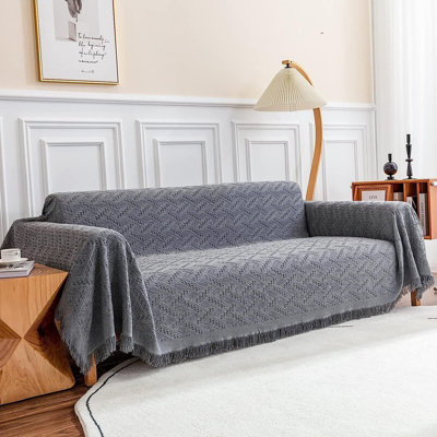 Geometric Jacquard Sofa Cover For 3-Cushion Couch, Pet-Friendly Sectional Couch Cover For Dogs (XX-Large 91" X 134", Dark Grey)