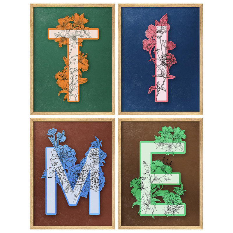 "Floral Time, typographie, œuvre d'art moderne et minimaliste", 4 pièces, Or, H 32 po x l 24 po