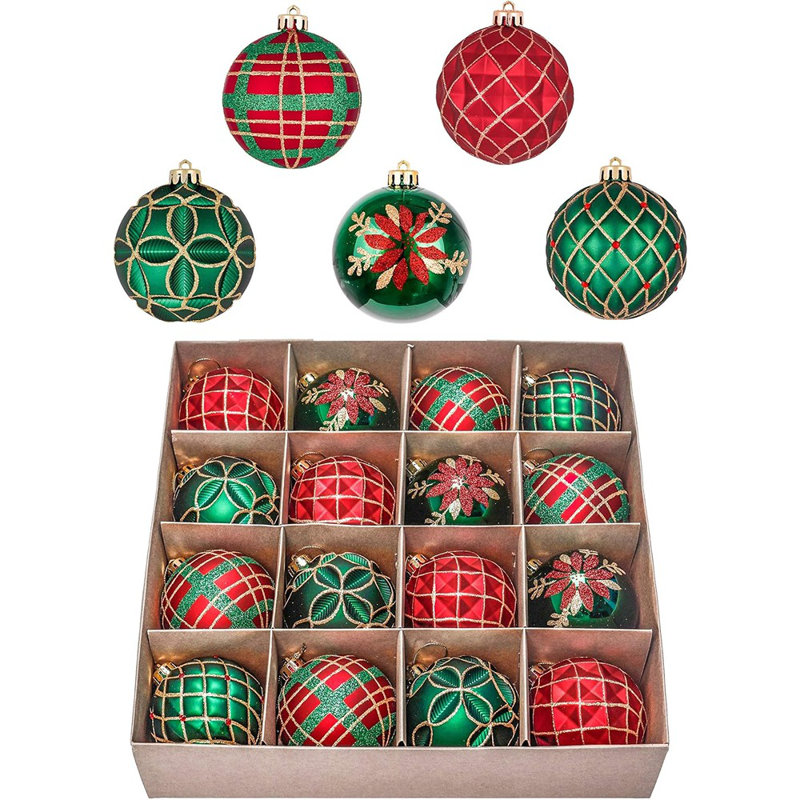 Ensemble d'ornements en forme de boule de Noël 16 carats, rouge, vert et or, décorations suspendues incassables pour arbres, 3,15 pouces