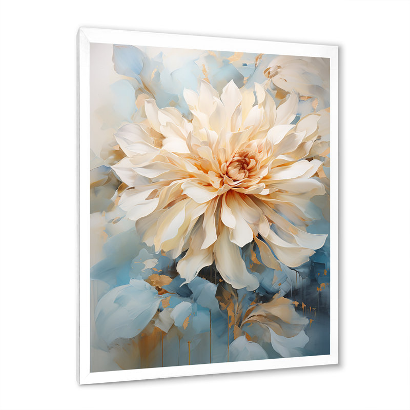 Simple Dahlia II beige et bleu sur toile, Cadre simple blanc, H 32 po x l 24 po x P 1 po