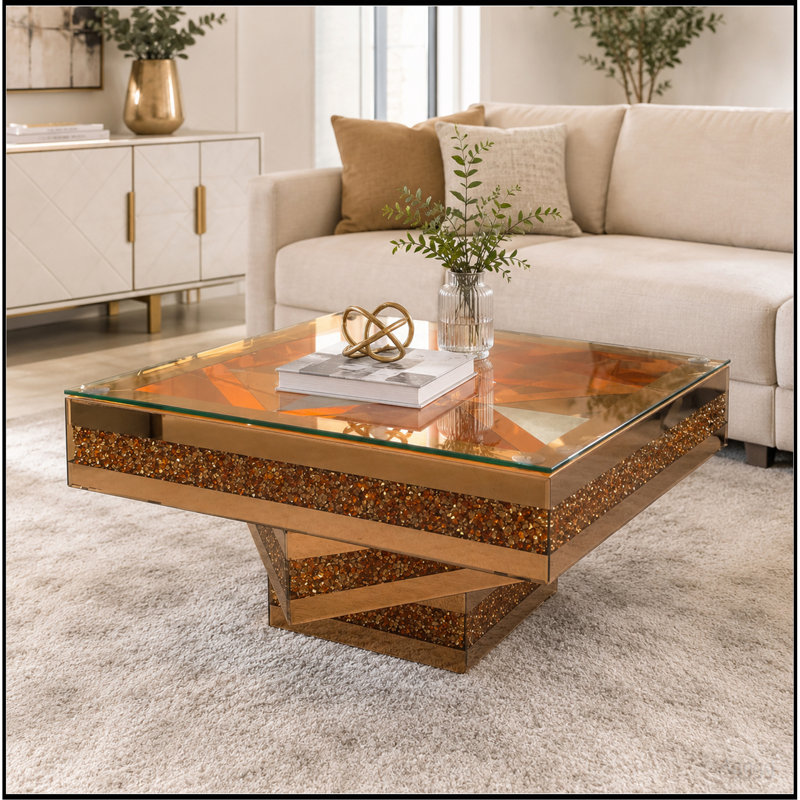 Table basse à 3 niveaux avec miroir en diamant concassé