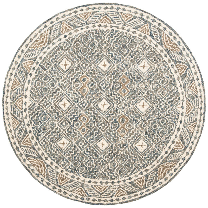 Devoe Hand Tufted Wool/Cotton Southwestern Rug in Ivory/Blue, Round 7'