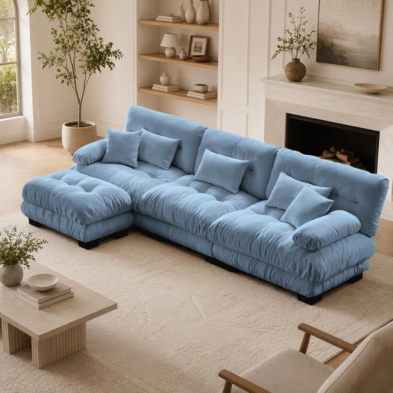Canapé d'angle modulaire de luxe, canapé nuage surdimensionné en forme de L pour salon, canapé profond avec pouf convertible, bleu chenille