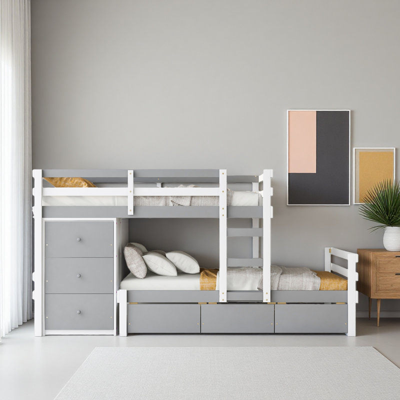 Lit superposé simple au dessus d'un lit simple avec tiroirs et échelle, Gris