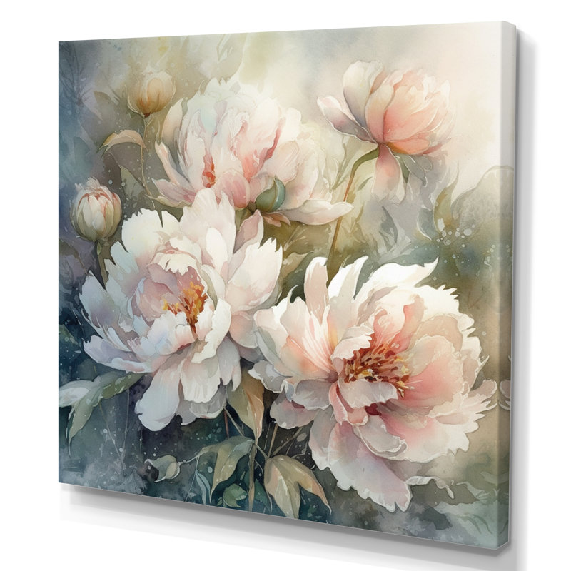 Pivoines roses et vertes sur une branche II - pivoines, art mural, H 36 po x l 36 po x P 1,5 po, Toile tendue