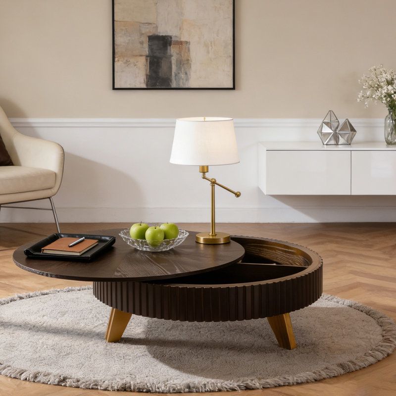 Table basse ronde avec espace de rangement, H 15,7 po x L 39,7 po x l 39,7 po, Brun / Naturel