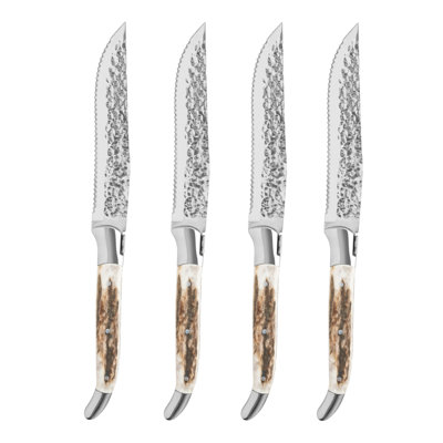 French Home Laguiole Set Of 4, Connoisseur BBQ Steak Knives With Deer Horn Handles