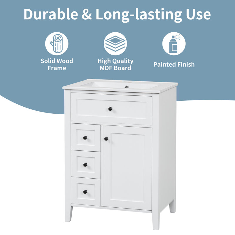 24" Bathroom Modern Vanity with Sink, MDF, Rubberwood, 3 Drawers, Shelved Cabinet, Sized for Small-to-Medium Baths, White