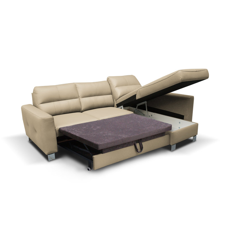 Birdell Leather Corner Sofa with Sleeping Function and Box , Right Hand Facing, Beige