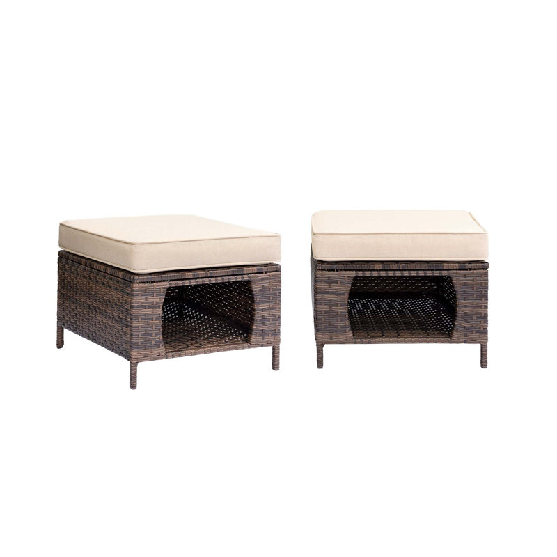 Repose-pieds d'extérieur en osier avec coussin Raghida, Beige, Brun